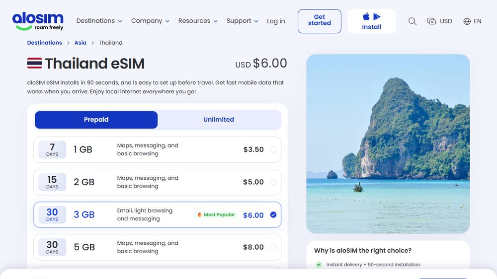 aloSIM Thailand eSIM page, first screen