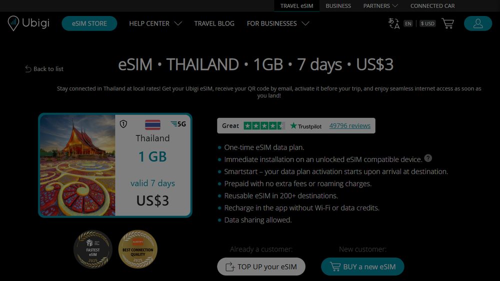 Ubigi Thailand eSIM page, first screen