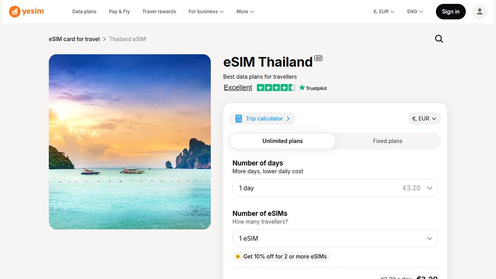 Yesim Thailand eSIM page, first screen